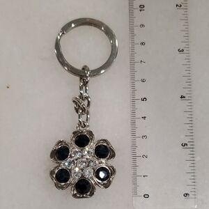 Silver Flower Keychain with Black and Clear Stones